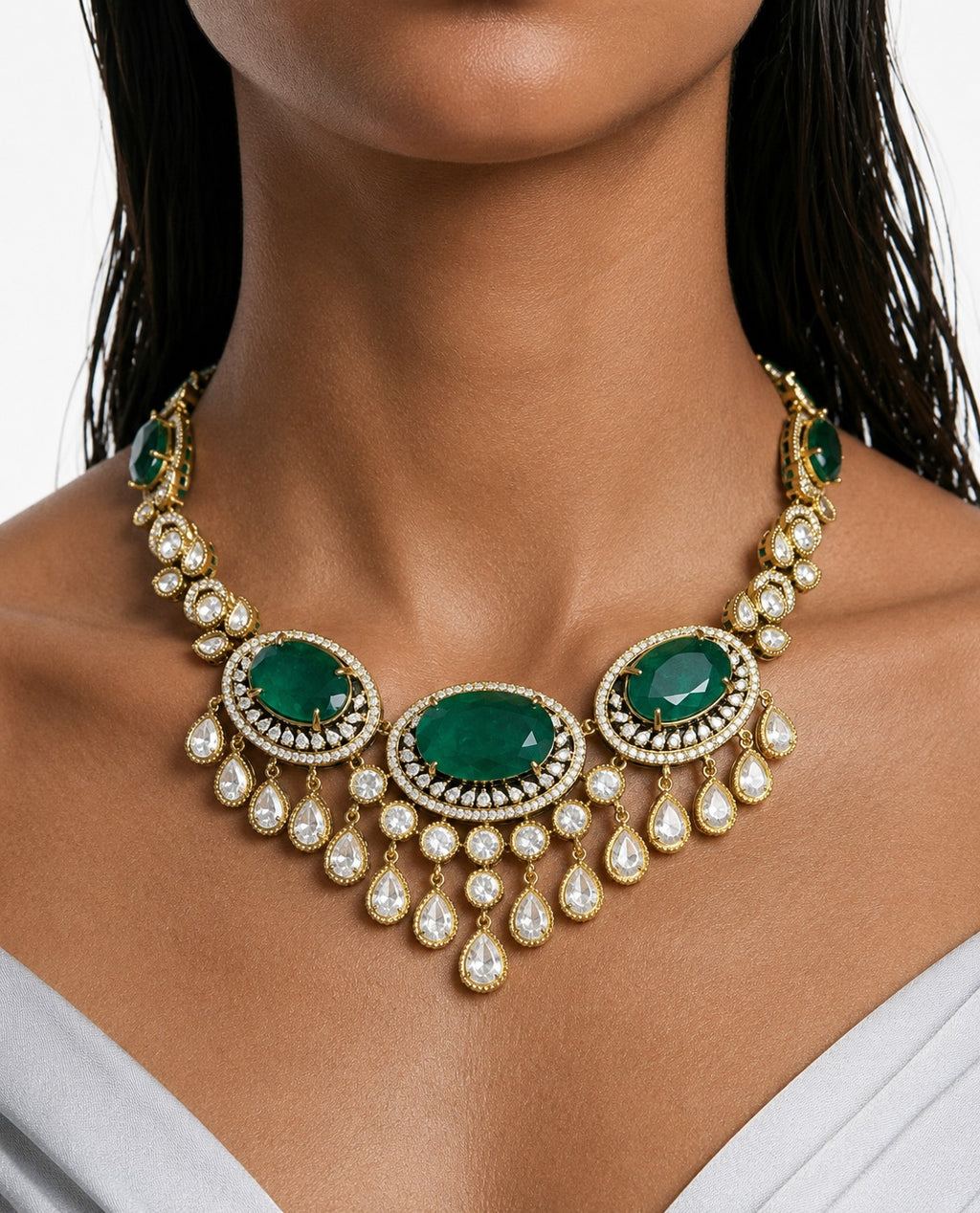 Eira Emerald Moissanite Polki Kundan Necklace Set – Necklace, Earrings & Maang Tikka