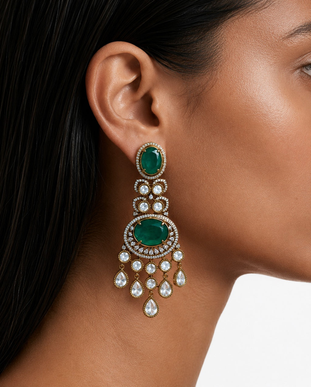 Eira Emerald Moissanite Polki Kundan Necklace Set – Necklace, Earrings & Maang Tikka