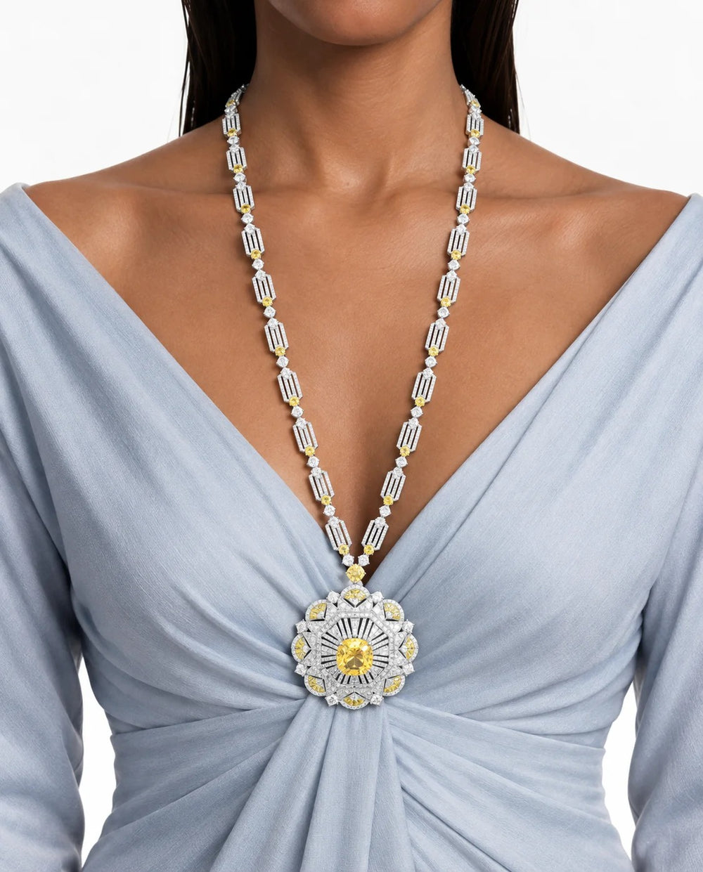 Juego de medallón floral de citrino Maharani Naya, abanico de citrino Aster y collar de diamantes de tenis de citrino Bhavika (3 collares y 3 aretes)