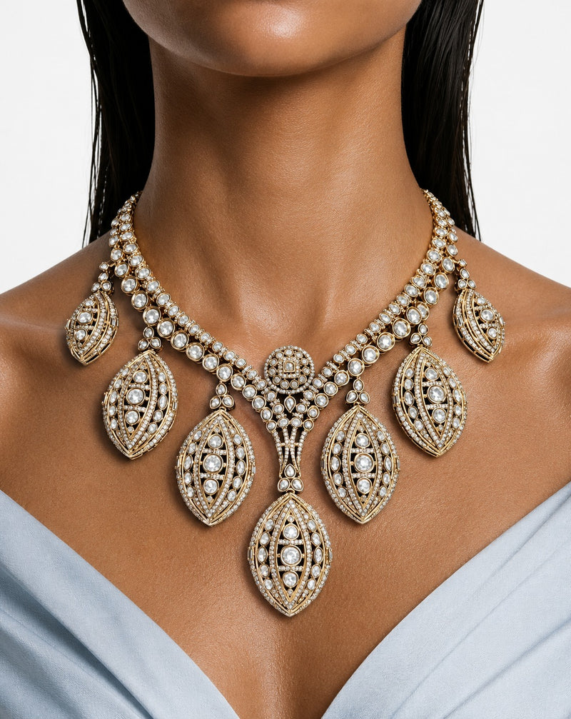 Zehreen Moissanite Polki Kundan with Zircon Diamond Detailing Statement Necklace Set – Necklace & Earrings