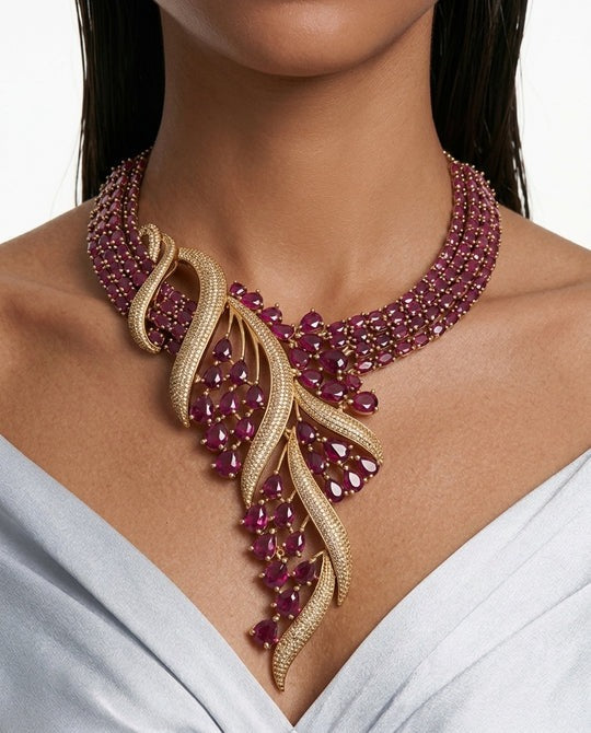 Maharani Ananya & Asiyah Ruby, Pearls & Moissanite Polki Kundan with Zircon Diamond Detailing Statement Luxe Necklace Set – 2 Necklaces & Earrings