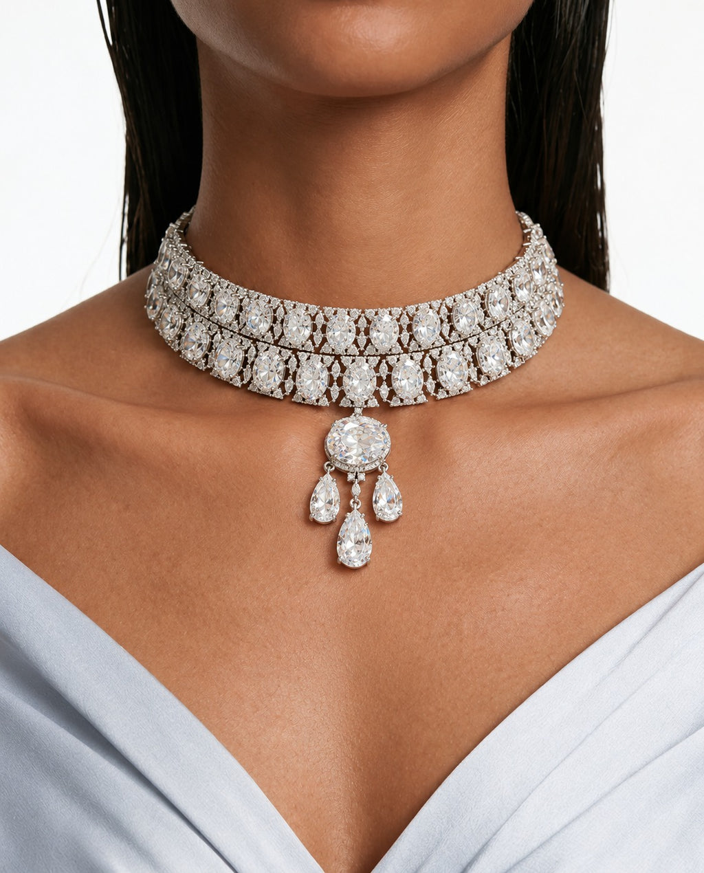 Zaya Diamond-Like Zircon Ovals with Diamond Pear Drops Choker Necklace Set – Necklace & Earrings