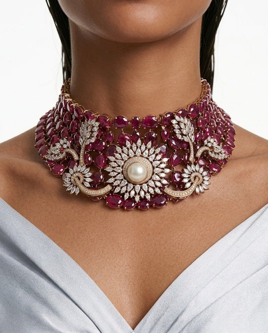 Maharani Ananya & Asiyah Ruby, Pearls & Moissanite Polki Kundan with Zircon Diamond Detailing Statement Luxe Necklace Set – 2 Necklaces & Earrings