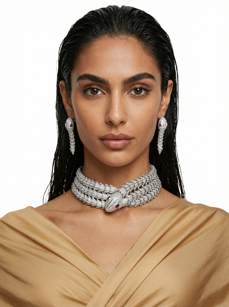 Serpentine Diamond Wrap Around Necklace Set — front view — Prerto