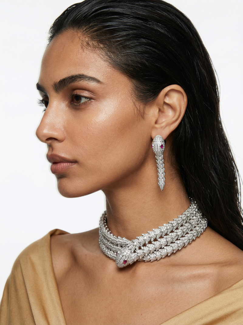 Serpentine Diamond Wrap Around Necklace Set — flat lay — Prerto