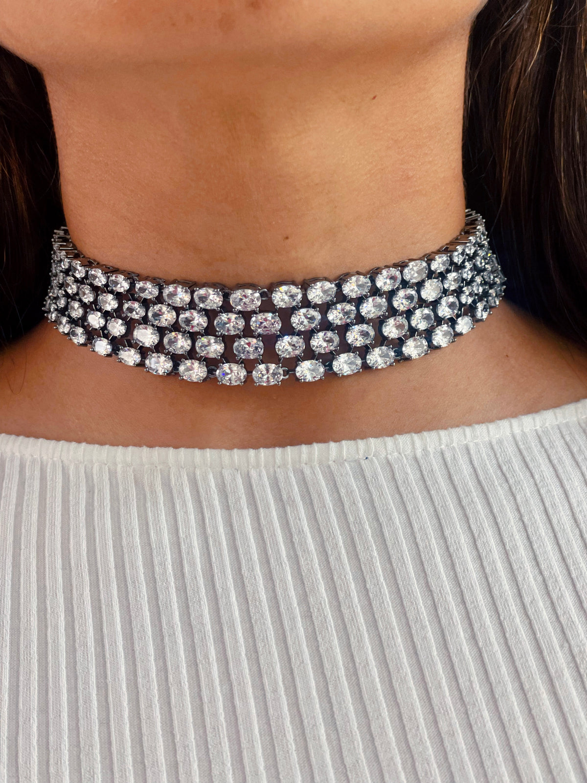 Kate Gunmetal Diamante Choker & Earrings Set — side view — Prerto