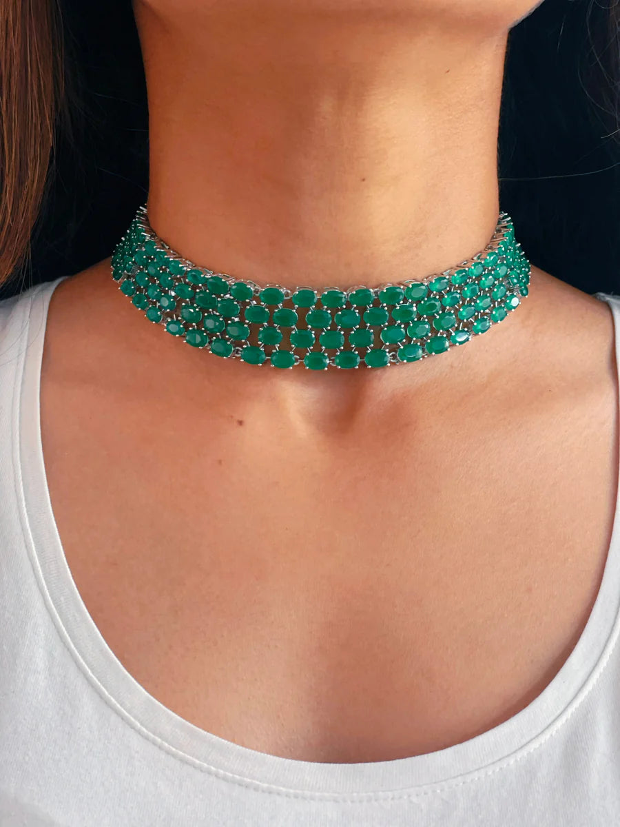 Maharani Emerald Kate & Baguette Emerald Diamonte Choker Set (Earrings & Necklace)