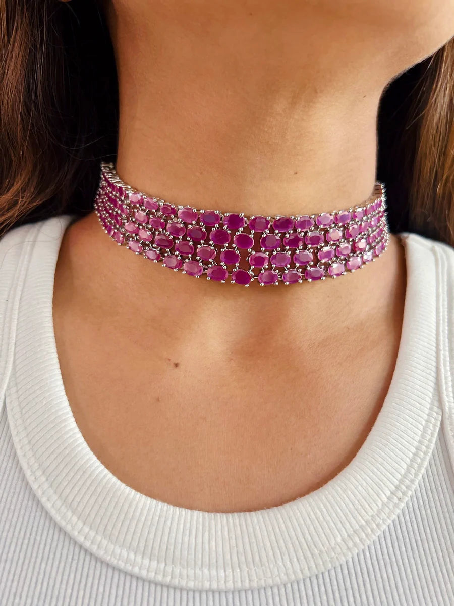 Maharani Magenta Kate & Baguette Magenta Diamonte Choker Set (Earrings & Necklace)