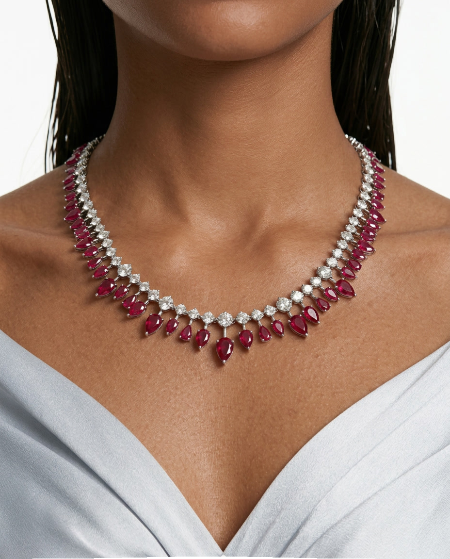 Medha Diamond-Like Zircon Ruby Drops Single Line Necklace Set by Prerto