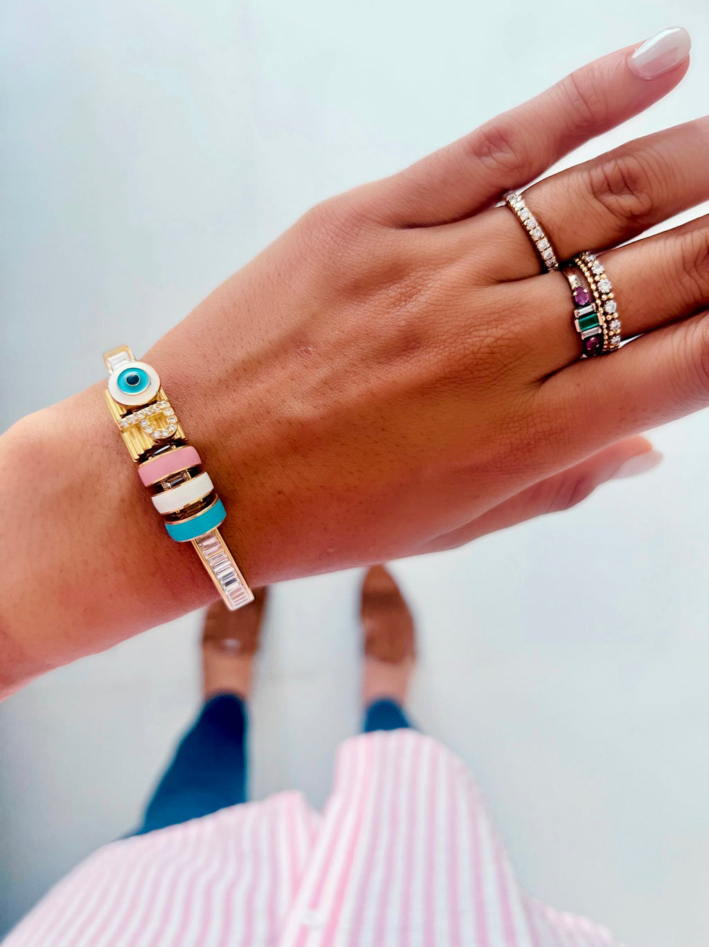 Memories Iniziale Evil Eye Multicolour Charm Bracelet — worn on wrist — Prerto
