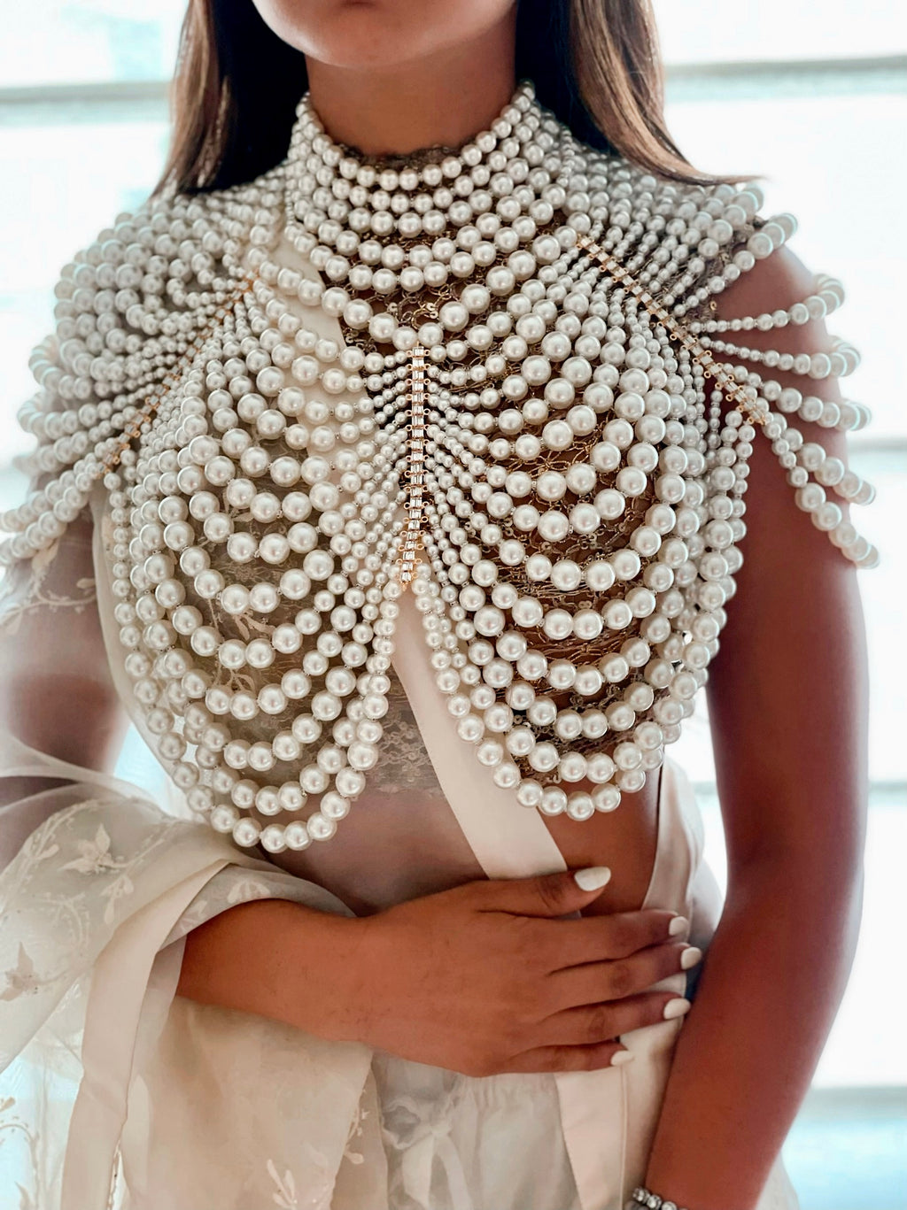 Pearle Grandeur Cape Statement Necklace — worn on model — Prerto