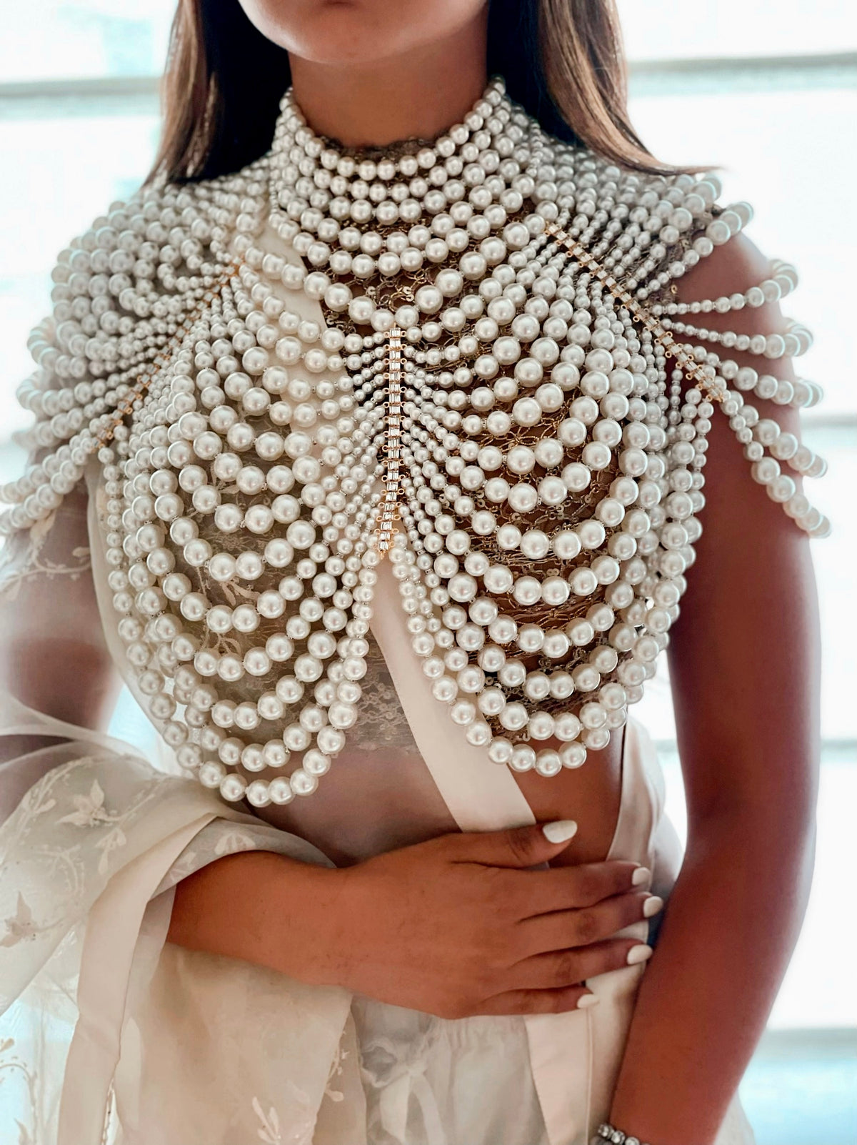 Pearle Grandeur Cape Statement Necklace — worn on model — Prerto