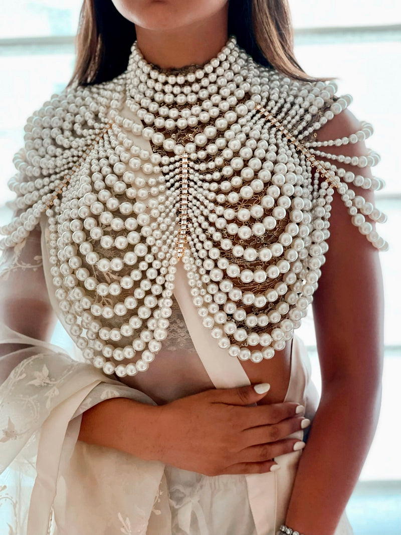 Pearle Grandeur Cape Statement Necklace — worn on model — Prerto