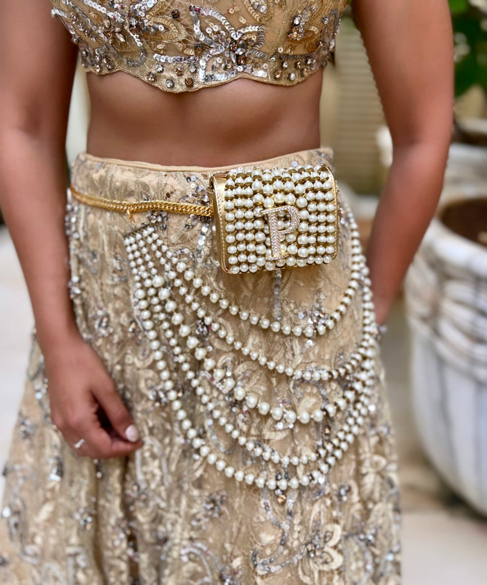 Personalised Gold Nano Bag with Waist Chain by Prerto — worn on model