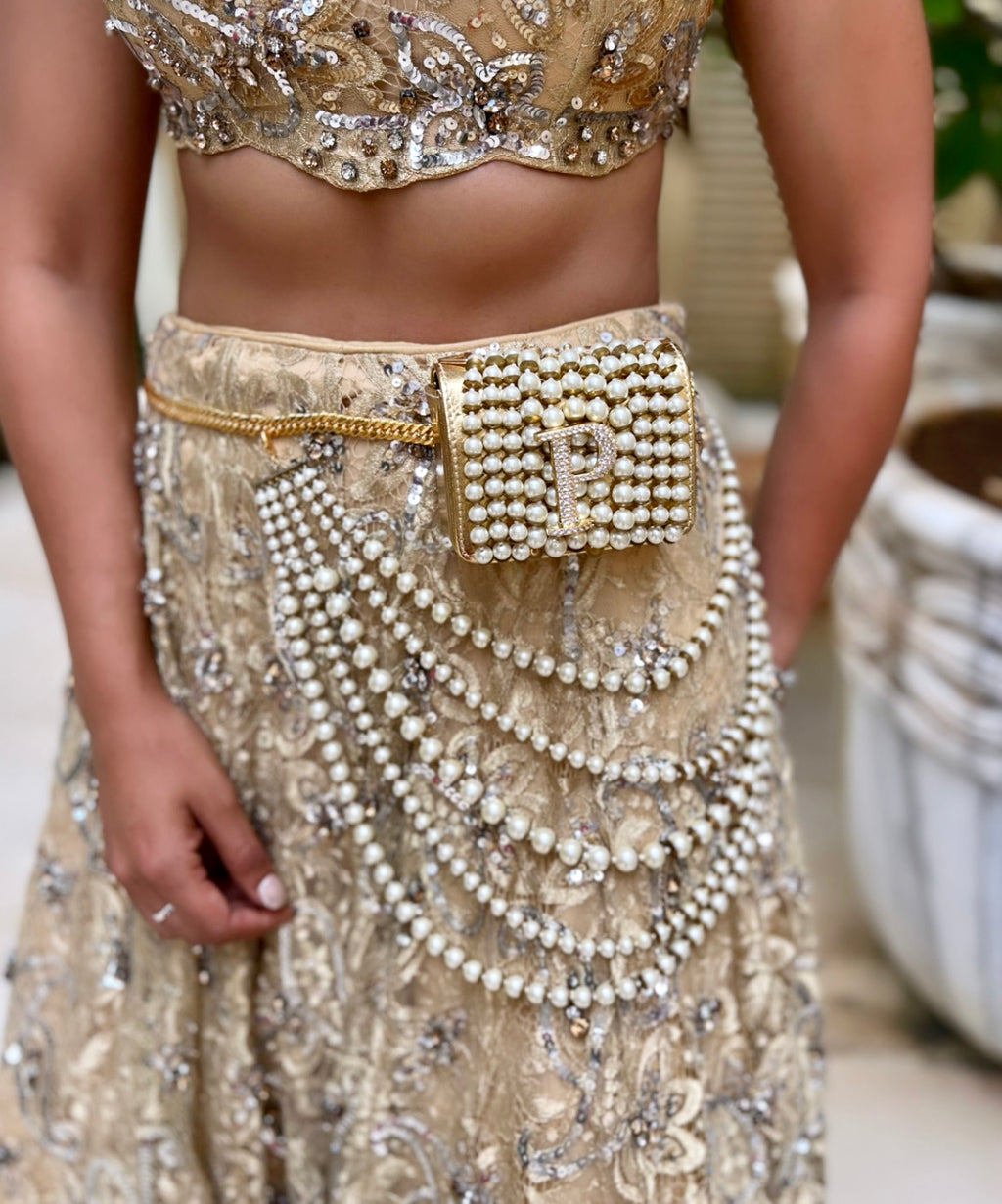 Personalised Gold Nano Bag with Waist Chain by Prerto — worn on model