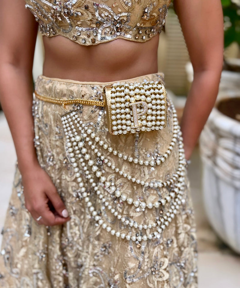 Personalised Gold Nano Bag with Waist Chain by Prerto — worn on model
