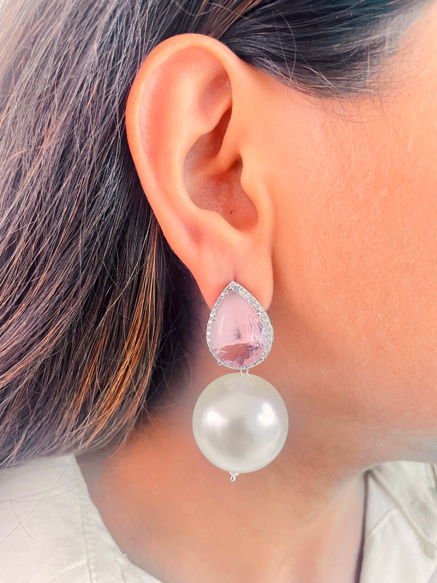 Pink Emerald Pearl Drop Earrings