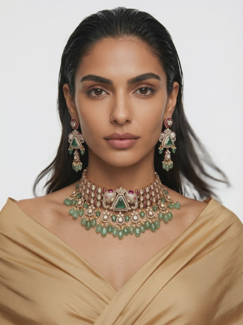 Hart- en diamanten kettingset (ketting, mang tika & oorbellen)