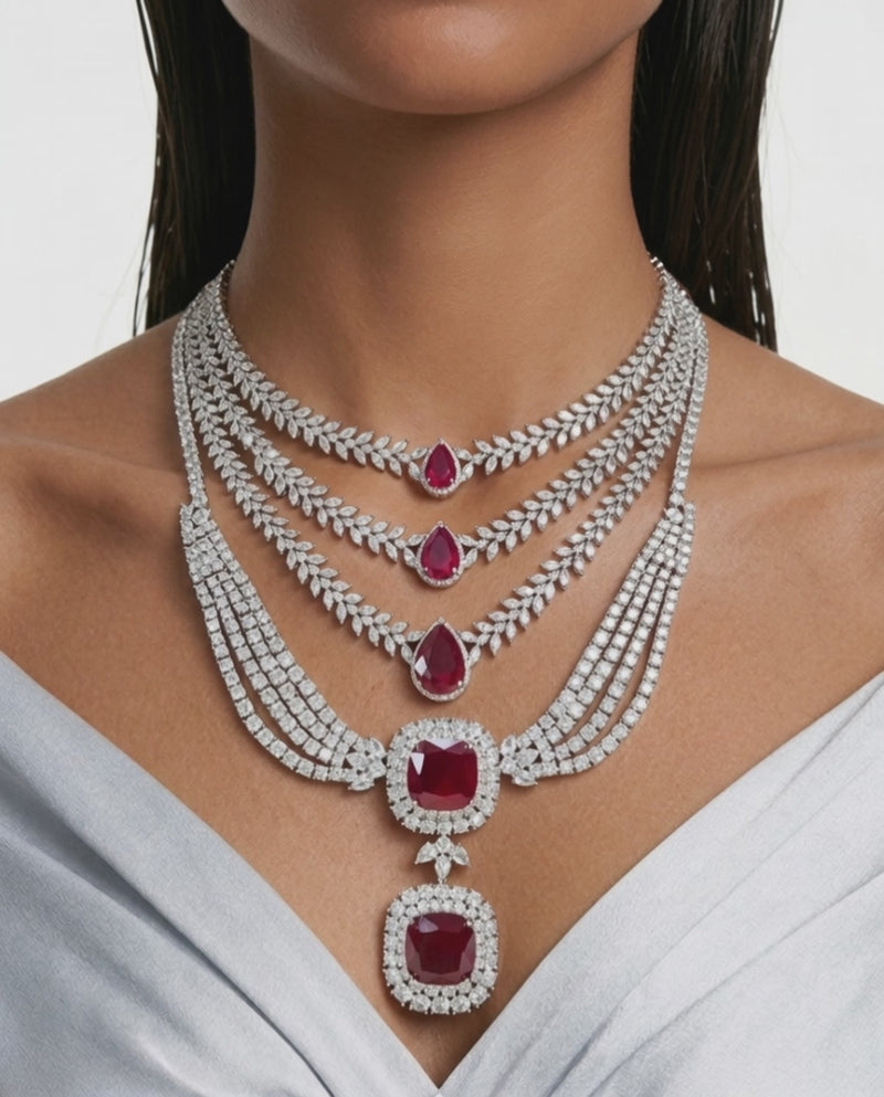 Maharani Valessa & Noéline Ruby Diamond-Like Zircon Statement Necklace Set – 2 Necklaces & Earrings