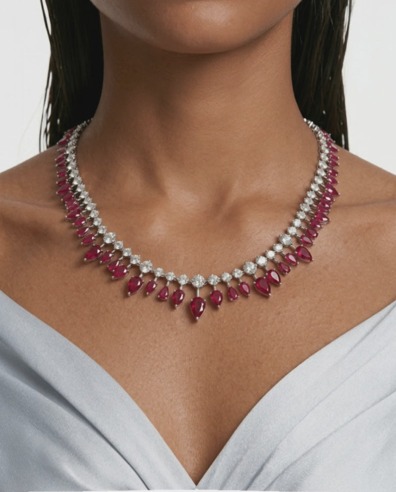 Medha Diamond-Like Zircon with Ruby Drops Single Line Statement Necklace Set (Necklace & Earrings)