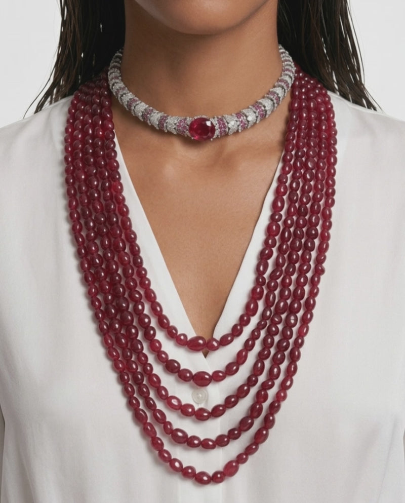 Maharani 5 Layered Ruby Necklace & Elyna Ruby Diamond-Like Zircon Choker Necklace Set – 2 Necklaces & Earrings