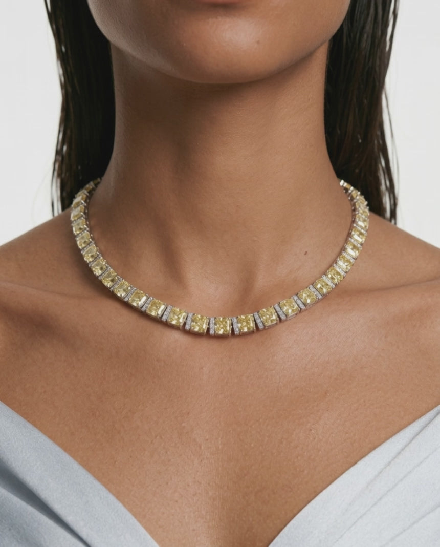 Bhavani Citrine & Zircon Diamond Single Line Tennis Necklace Set (Necklace & Earrings)