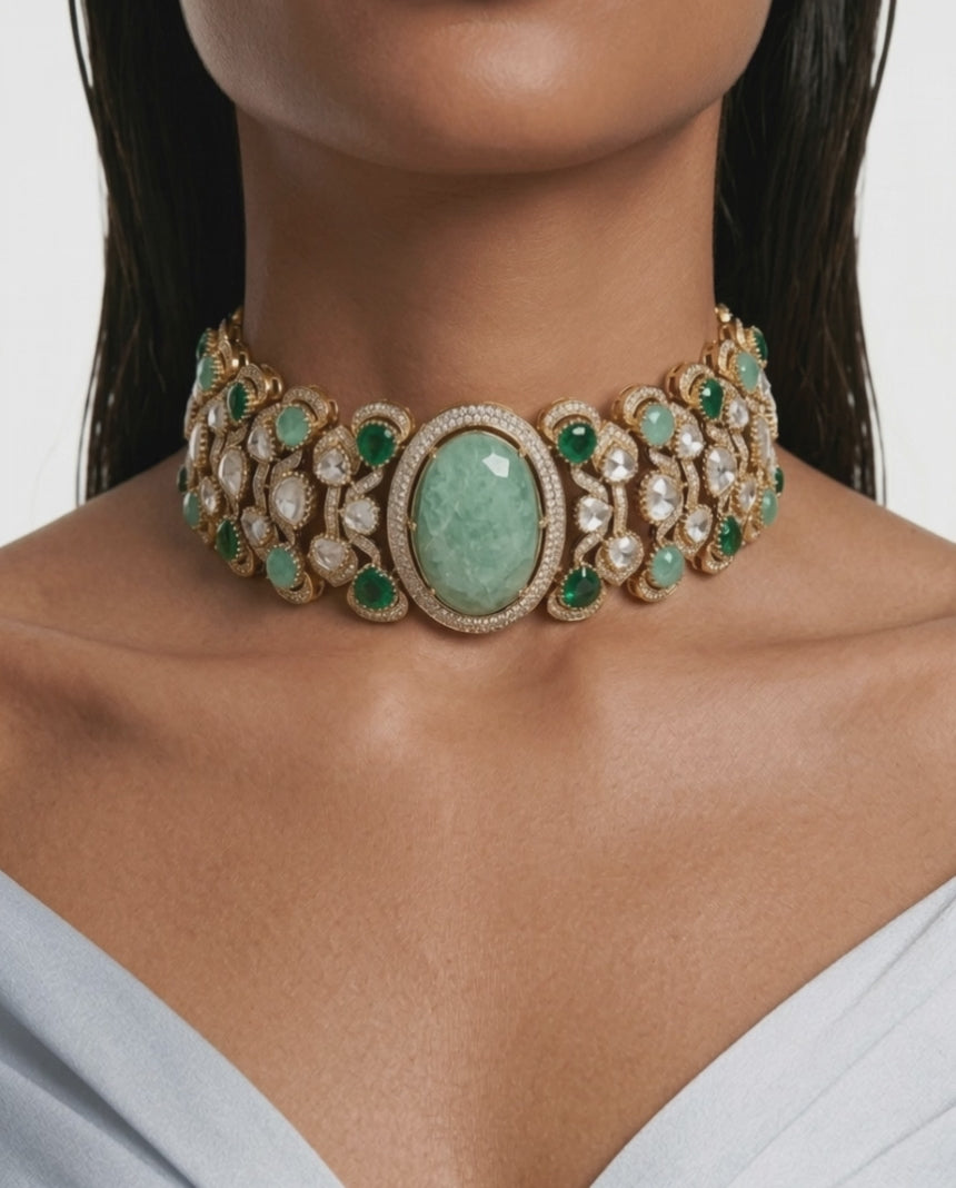 Aashi Emerald & Mint Kundan Statement Necklace Set – Necklace & Earrings