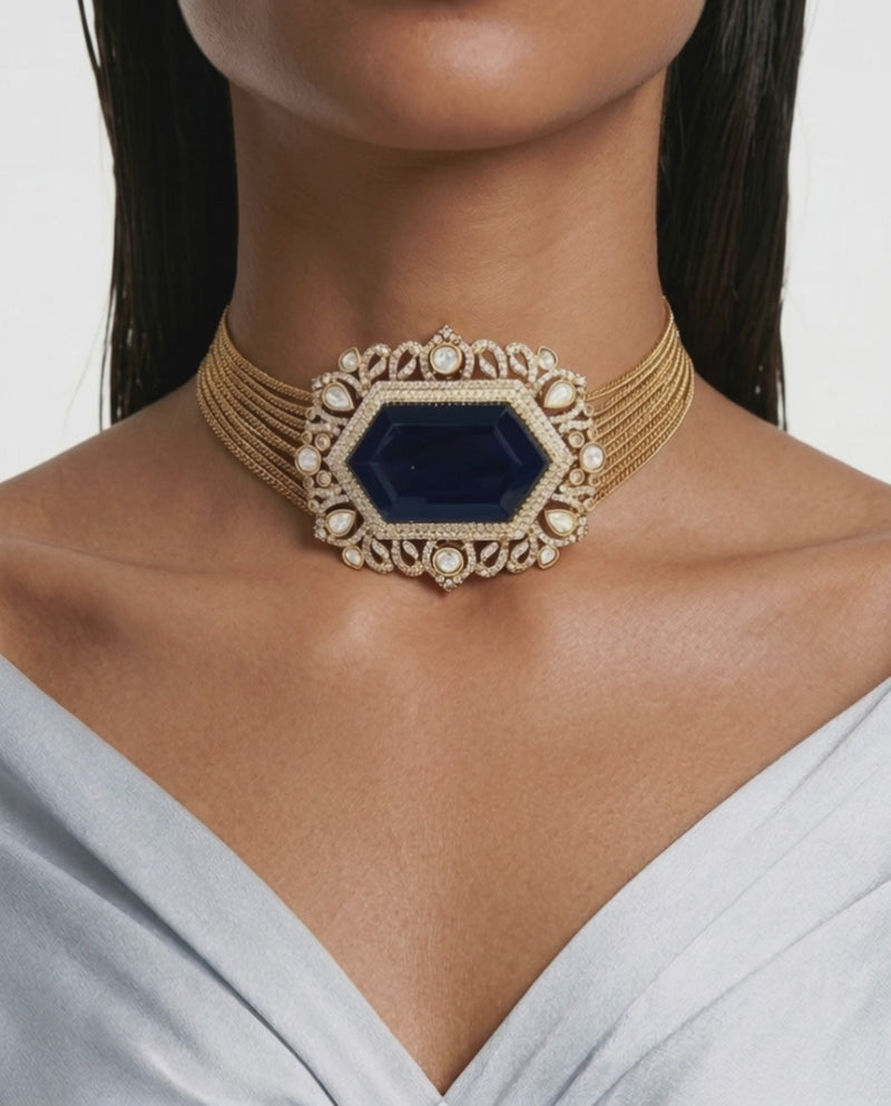 Afsana Sapphire Gold-Tone Moissanite Polki Kundan with Zircon Diamond Detailing Choker Necklace Set – Necklace & Earrings
