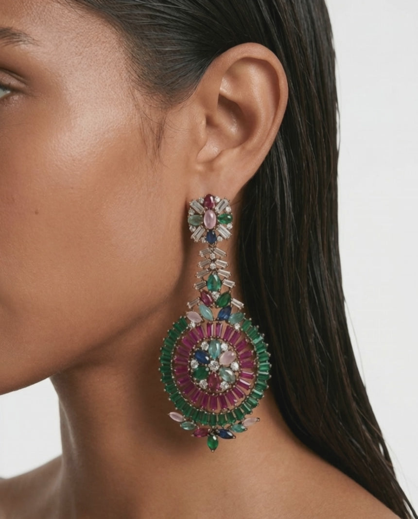 Elara Emerald & Ruby Multicolor Diamond-Like Zircon Earrings