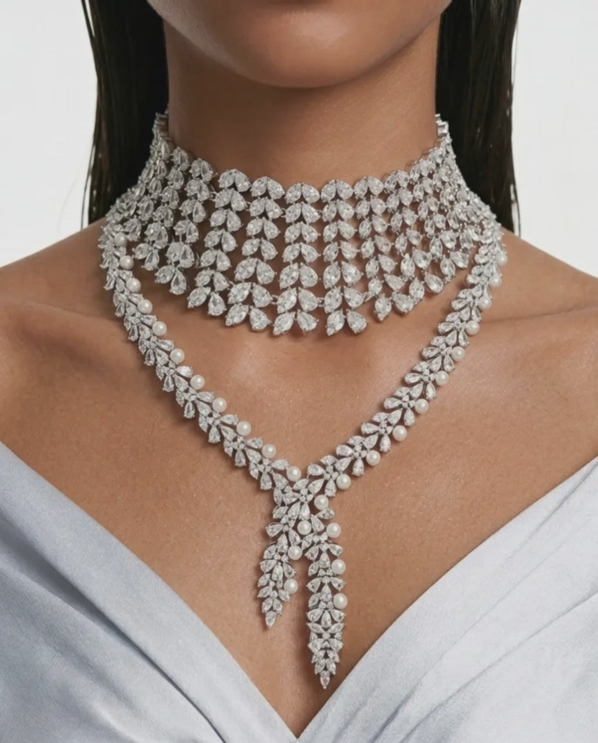 Maharani Heart & Diamond Necklace Set & Mahiba Diamond-Like Zircon Compressed Setting Statement Necklace Set (2 Necklaces & 2 Earrings)