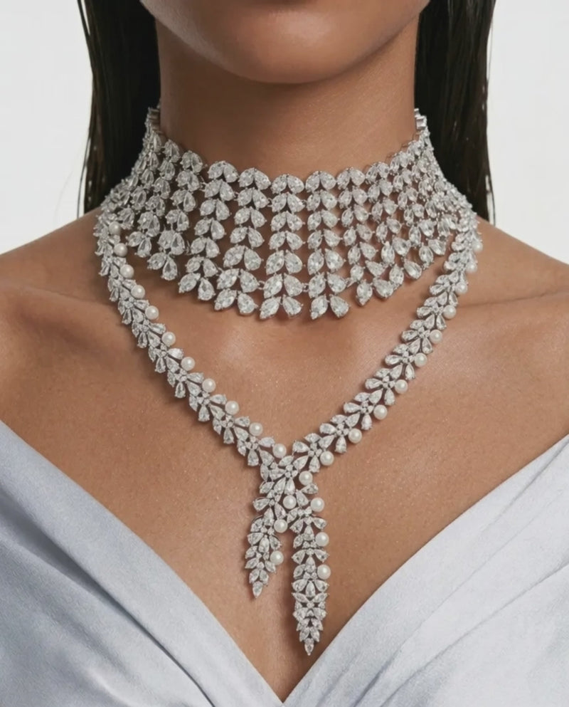 Maharani Heart & Diamond Necklace Set & Mahiba Diamond-Like Zircon Compressed Setting Statement Necklace Set (2 Necklaces & 2 Earrings)