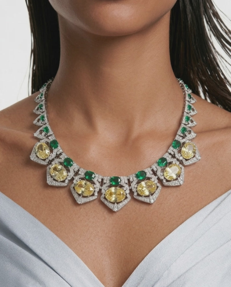 Aarohi Emerald, Citrine and Diamond-Like Zircon with Enamel Detailing Necklace Set (Necklace & Earrings)