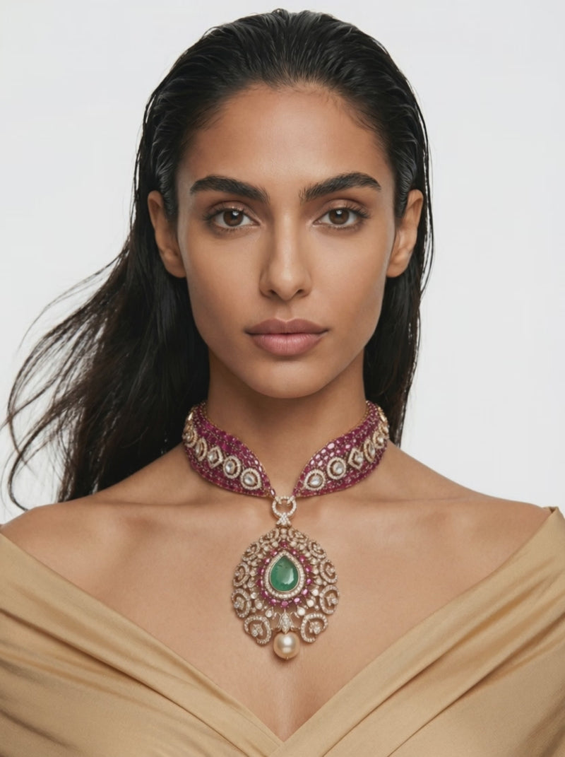 Adoor Ruby Meena Dimonte Pearl Drop Hasdi ketting set (ketting en oorbellen)