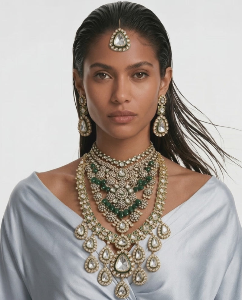 Maharani Alaya Emerald Moissanite Couture Royal Layered Necklace Set & Ausa 2 Layer Polki Geometric Kundan Necklace Set (2 Necklace, 2 Earrings & Mang Tika)