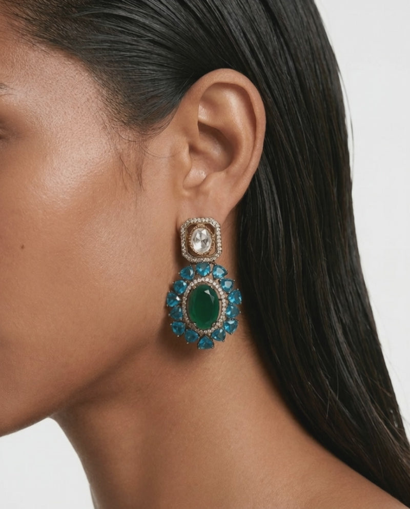 Raya Emerald & Blue Polki Statement Stud Earrings