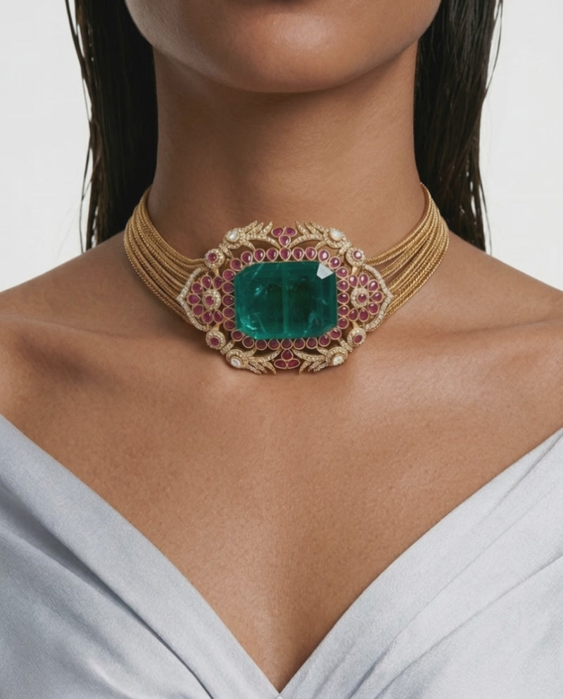 Rukhsaar Emerald with Ruby Moissanite Polki Kundan Choker Necklace Set – Necklace & Earrings