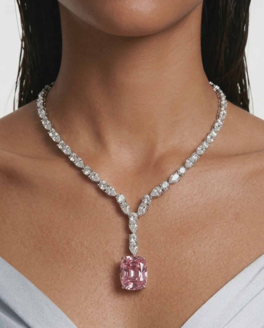 Lamees Pink Drop & Diamond Zircon Luxe Couture Pendant Necklace Set (Necklace & Earrings)