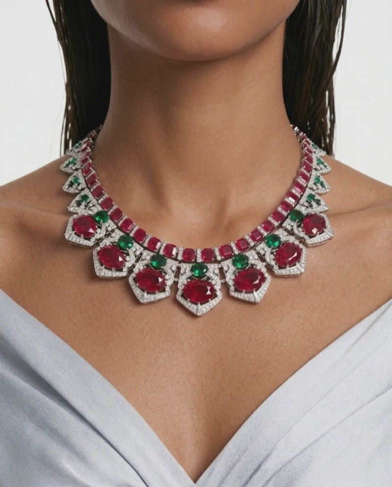 Maharani Aarohi Emerald, Ruby and Diamond-Like Zircon with Enamel Detailing Necklace Set (Necklace & Earrings)