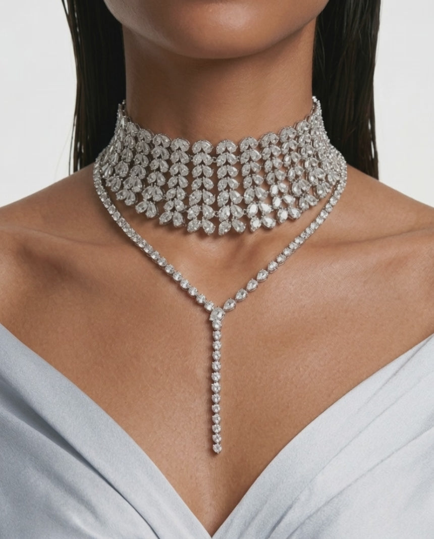Maharani The Willow Diamond-Like Zircon Statement Necklace Set & Heart & Diamond Necklace Set (2 Necklace & 2 Earrings)