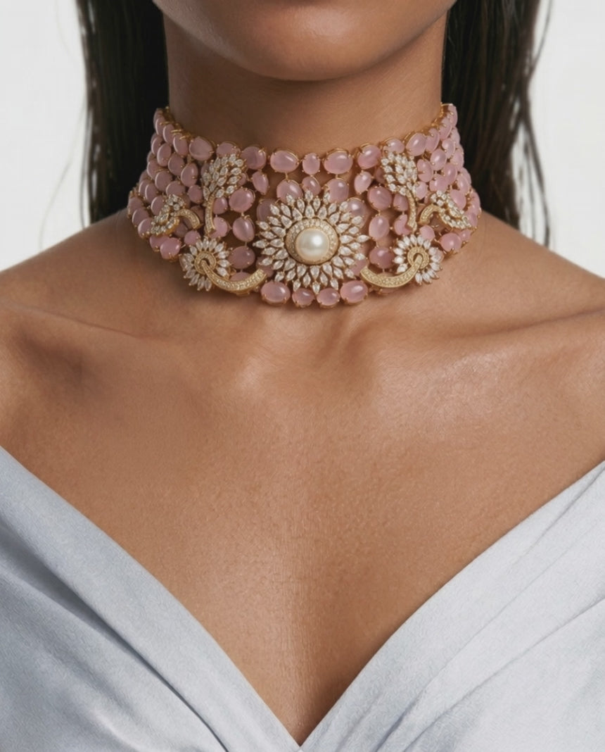 Asiyah Pink, Pearls & Moissanite Polki Kundan with Zircon Diamond Detailing Statement Luxe Necklace Set (Necklace & Earrings)