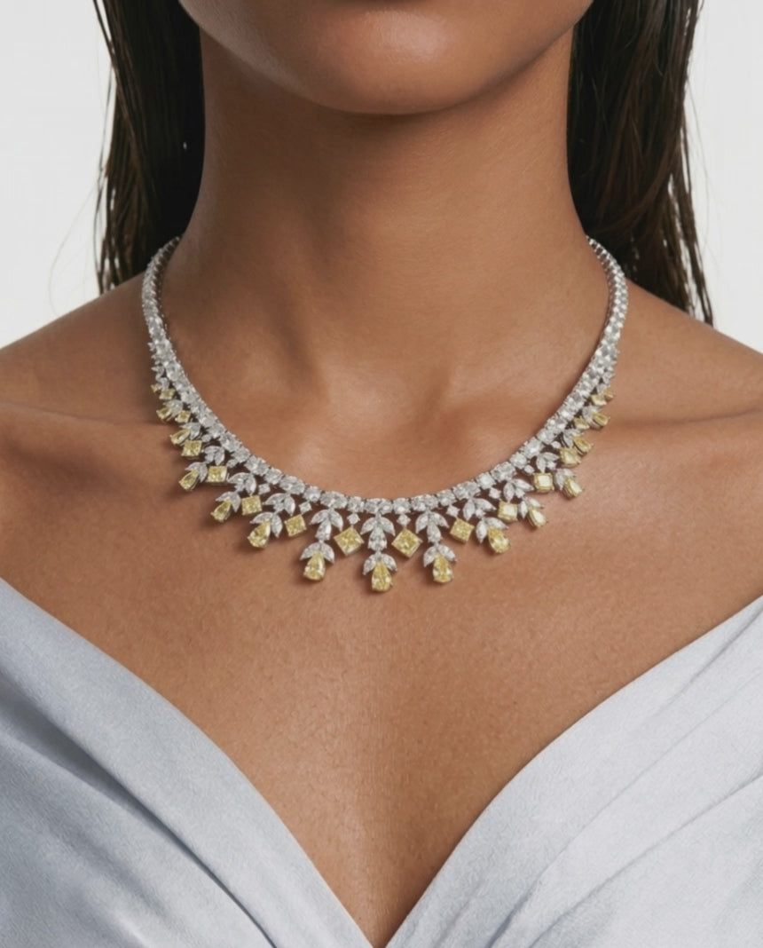Saanvi Diamond-Like Zircon with Citrine Drops Statement Necklace Set (Necklace & Earrings)