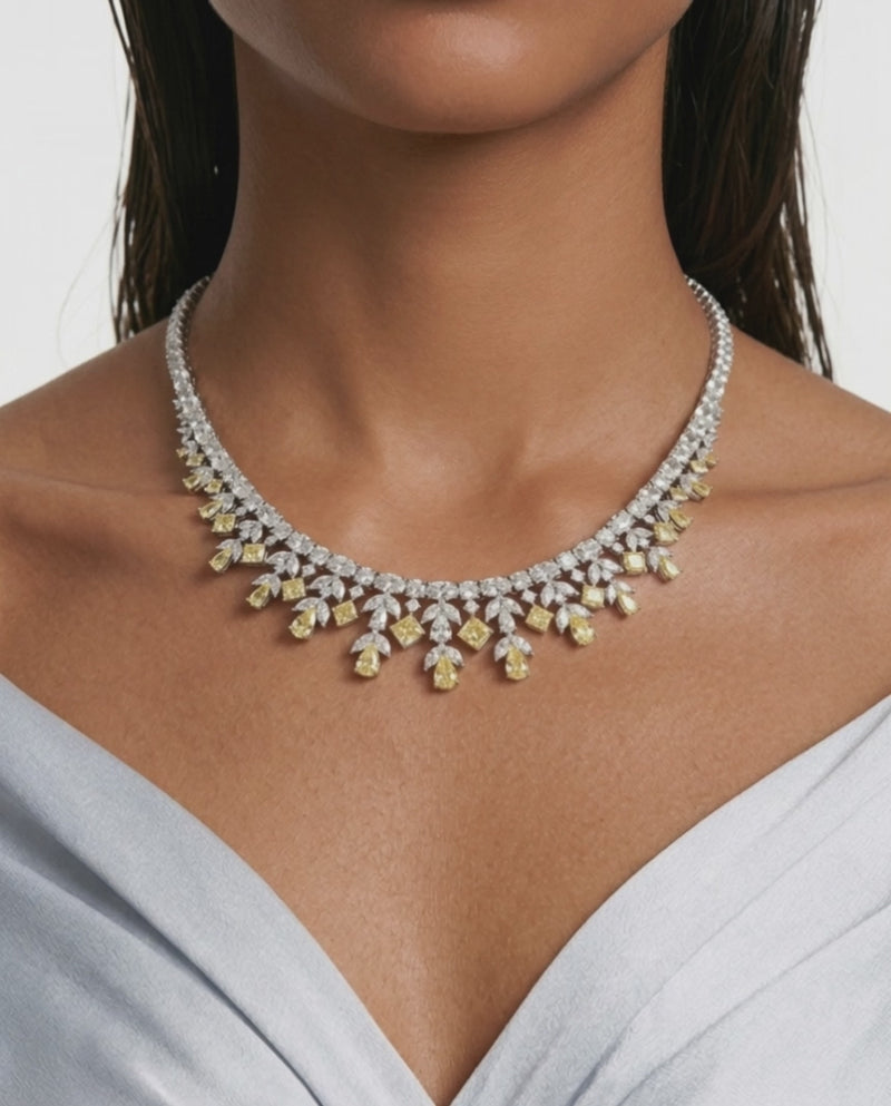 Saanvi Diamond-Like Zircon with Citrine Drops Statement Necklace Set (Necklace & Earrings)