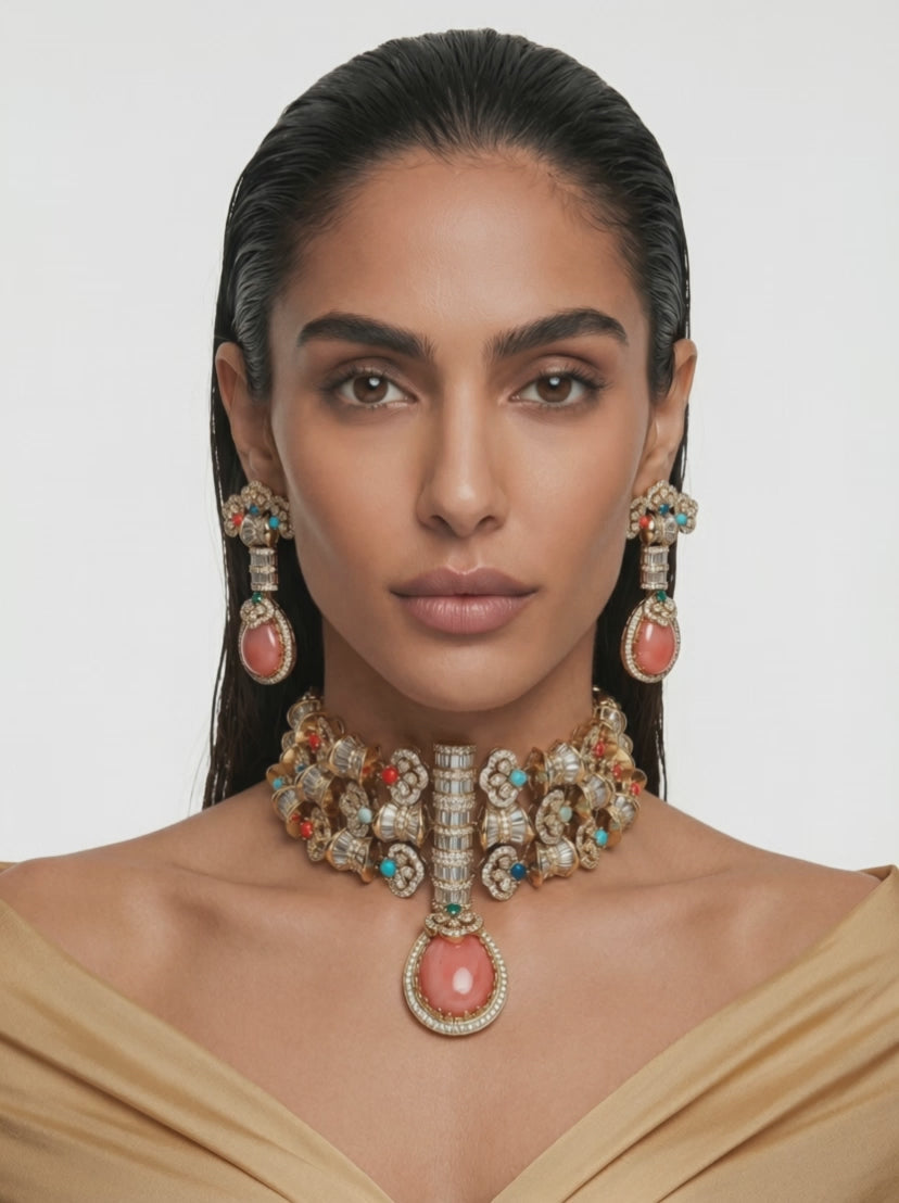 Aish Semi Precious Multicolour Moissanite Couture Statement Choker Necklace Set (Necklace & Earrings)