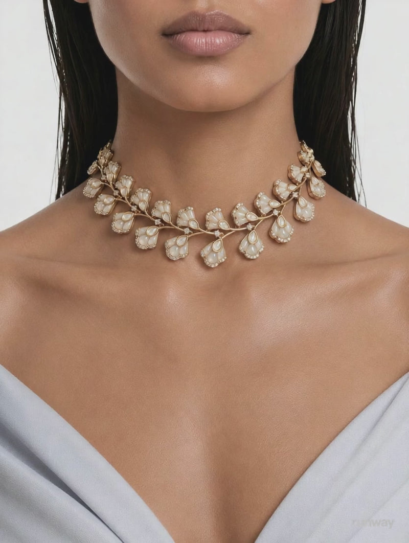 Halima Mother of Pearl & Moissanite Polki Kundan with Zircon Diamond Detailing Statement Luxe Necklace Set (Necklace & Earrings)