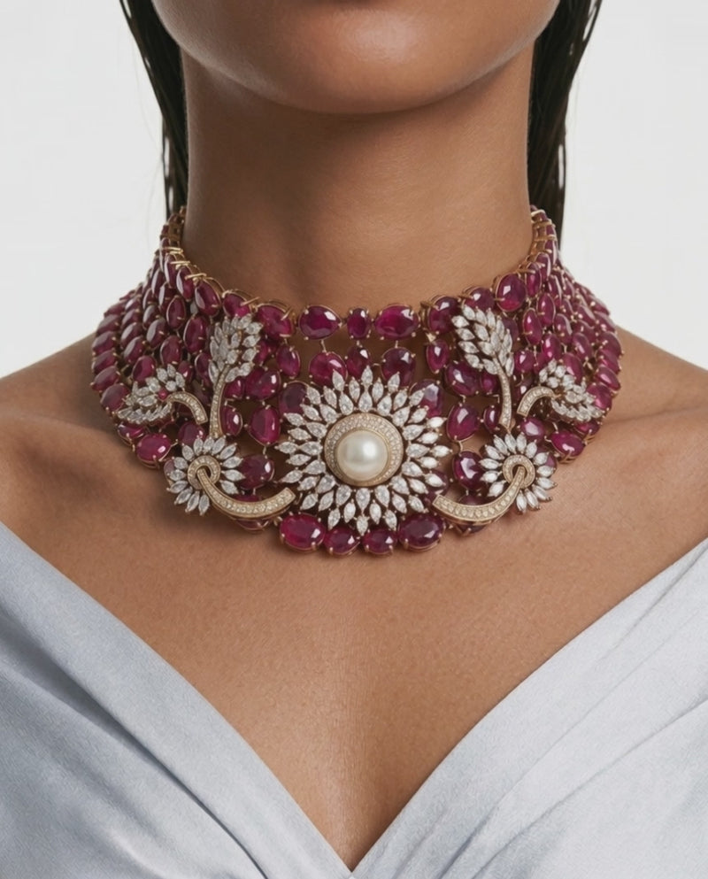 Asiyah Ruby, Pearls & Moissanite Polki Kundan with Zircon Diamond Detailing Statement Luxe Necklace Set (Necklace & Earrings)