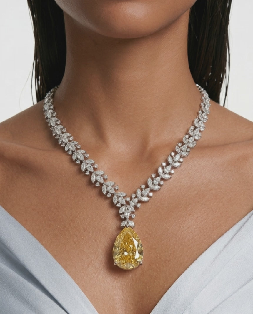 Eman Citrine and Diamond-Like Zircon Compressed Setting Statement Necklace Set (Necklace & Earrings)