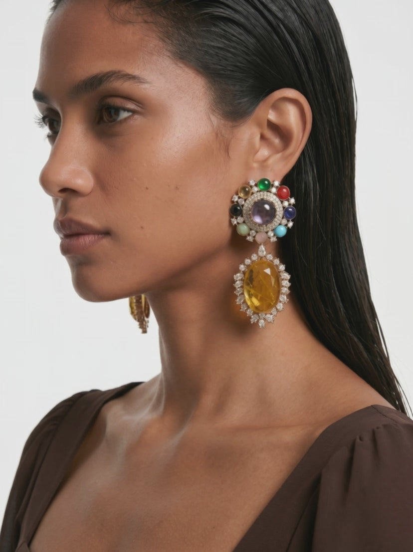 Luna Multi Colour Semi Precious Stones, Citrine & Zircon Statement Earrings