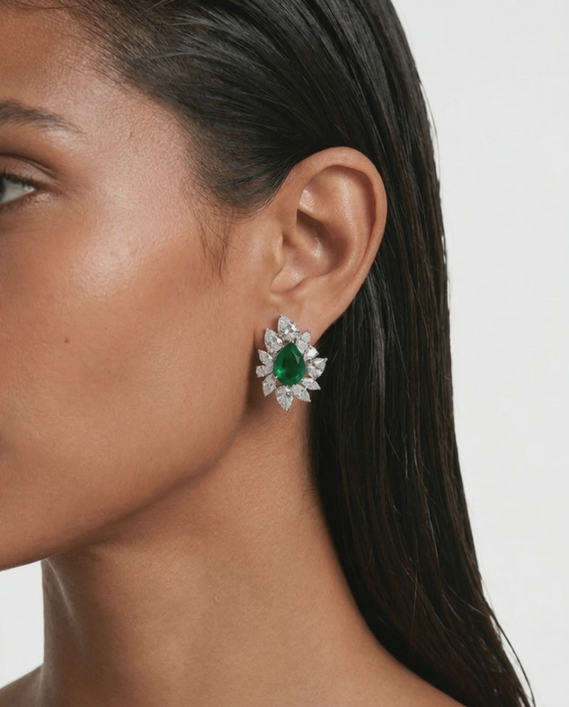 Lunéa Diamond-Like Zircon Emerald Floral Stud Earrings