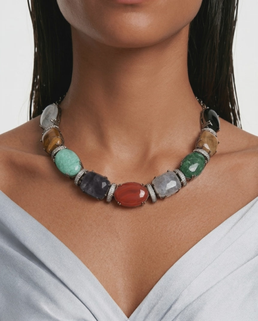 Inji Multi Coloured & Zircon Diamond Detailing Statement Luxe Necklace Set (Necklace & Earrings)