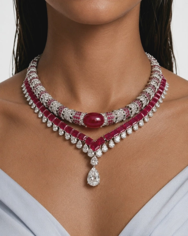 Maharani Basma Ruby and Diamond-Like Zircon Drop Pendant Statement Necklace Set & Elyna Ruby Diamond-Like Zircon Choker Necklace Set (2 Necklace & 2 Earrings)